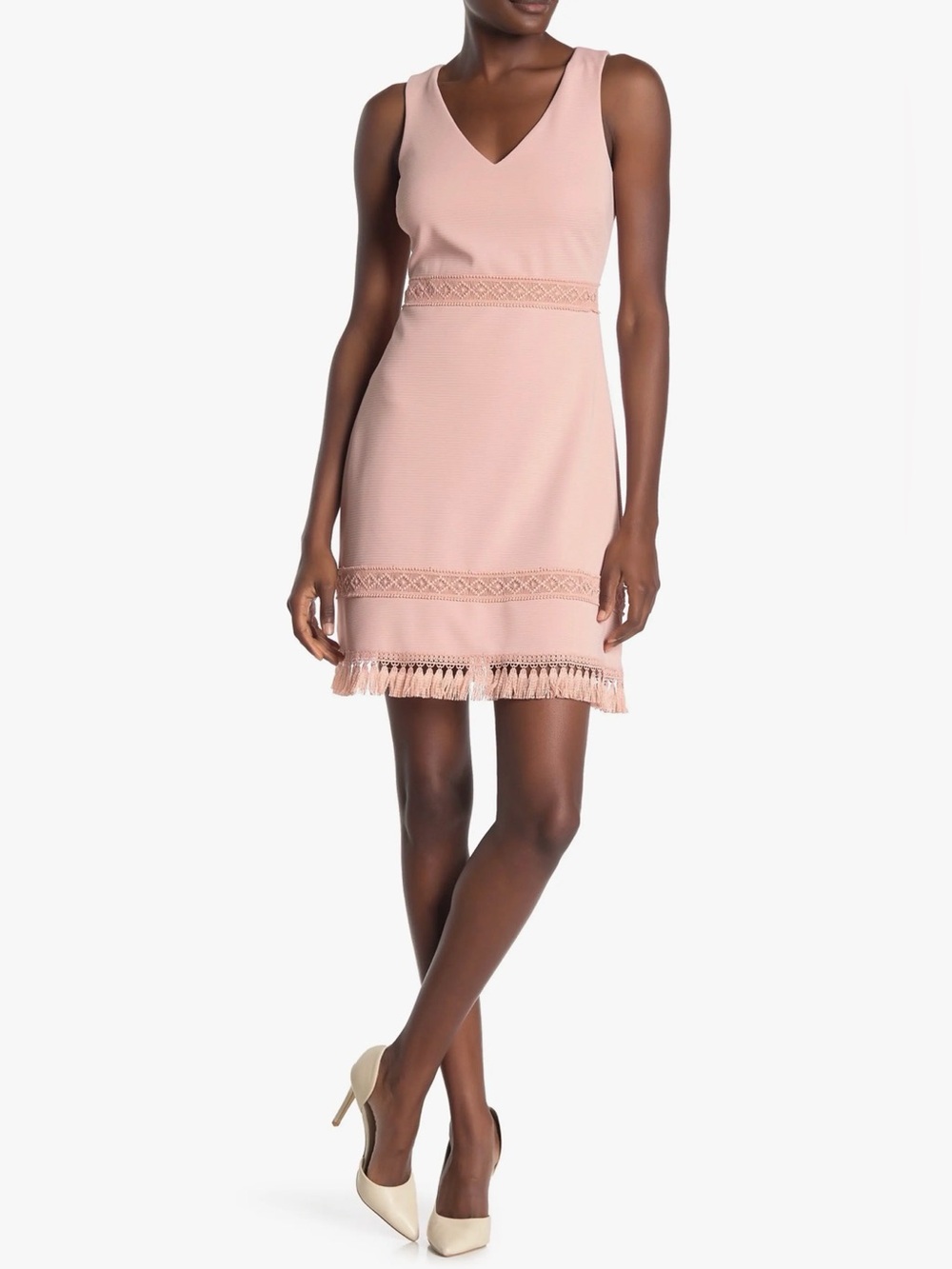 Kensie Solid Crochet Tassel Trim Sheath Dress Pink
